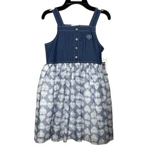Calvin Klein Dress Girl's 7 Blue Denim Mesh Overlay‎ Hearts Sleeveless Lined